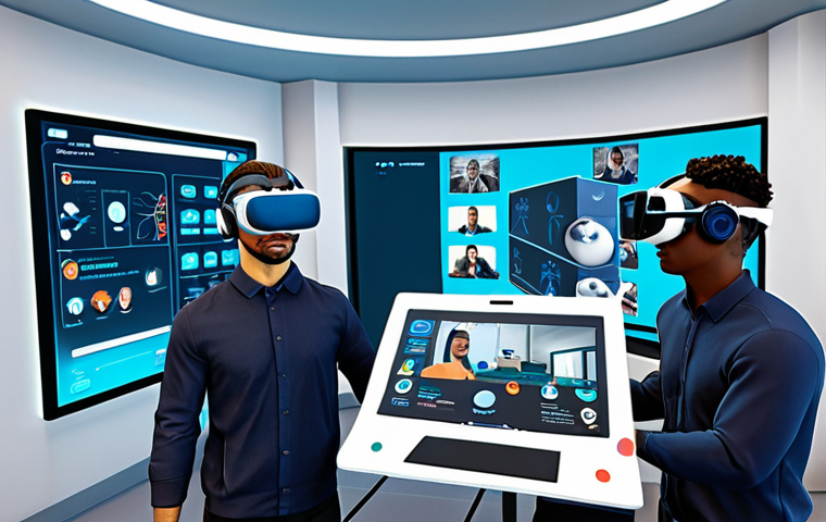 **

A diverse team of avatars collaborates in a vibrant, futuristic virtual office space. Code snippets and 3D models float in the air. One avatar is participating in a VR training simulation. Emphasize skill development and collaboration. Include a subtle watermark symbolizing "lifelong learning."

**