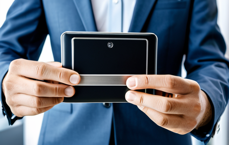A professional person in modest business attire, fully clothed, holding a sleek, modern hardware wallet device. The individual stands in a clean, high-tech office environment with subtle, abstract digital security graphics in the background, conveying a sense of robust protection. The image features professional photography, high resolution, perfect anatomy, correct proportions, natural pose, well-formed hands, proper finger count, natural body proportions, safe for work, appropriate content, fully clothed, professional, family-friendly.