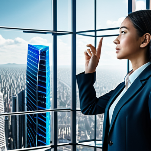 A sophisticated professional in a modern, dynamic virtual business environment. The person is standing in a futuristic, expansive metaverse cityscape, with digital architecture and holographic interfaces in the background, symbolizing boundless business opportunities. Elements of data streams and interconnected virtual spaces are visible, highlighting the digital economy's infrastructure. The atmosphere is vibrant and innovative, perfect anatomy, correct proportions, natural pose, well-formed hands, proper finger count, natural body proportions, fully clothed, modest business suit, appropriate attire, professional photography, high detail, realistic rendering, safe for work, appropriate content, professional.