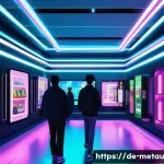 메타버스의 스폰서십과 협력 모델 - **Prompt:** A vibrant and bustling virtual marketplace scene within a Metaverse environment. Digital...