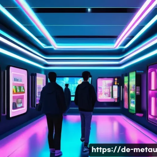 메타버스의 스폰서십과 협력 모델 - **Prompt:** A vibrant and bustling virtual marketplace scene within a Metaverse environment. Digital...