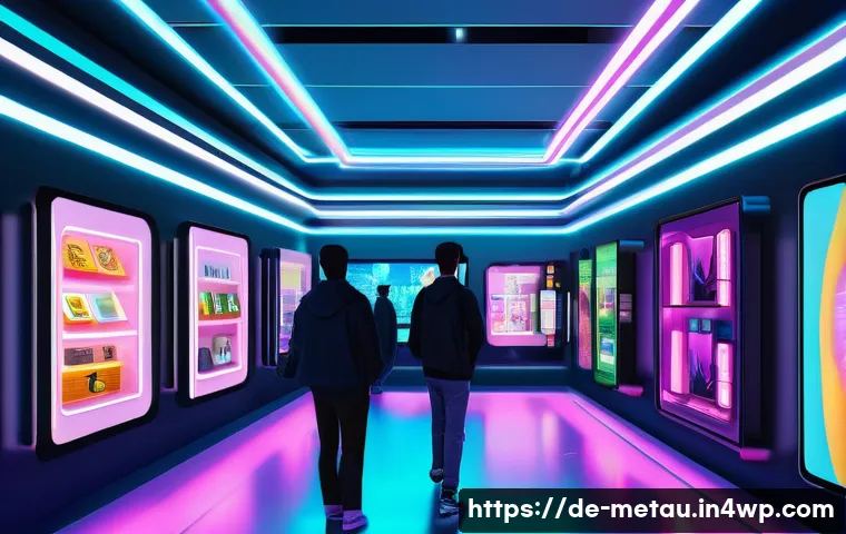 메타버스의 스폰서십과 협력 모델 - **Prompt:** A vibrant and bustling virtual marketplace scene within a Metaverse environment. Digital...