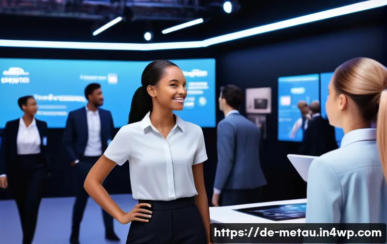 메타버스에서의 인사 관리와 채용 전략 - **Prompt 1: Virtual Job Fair Experience**
    A vibrant, futuristic virtual job fair set within a sp...