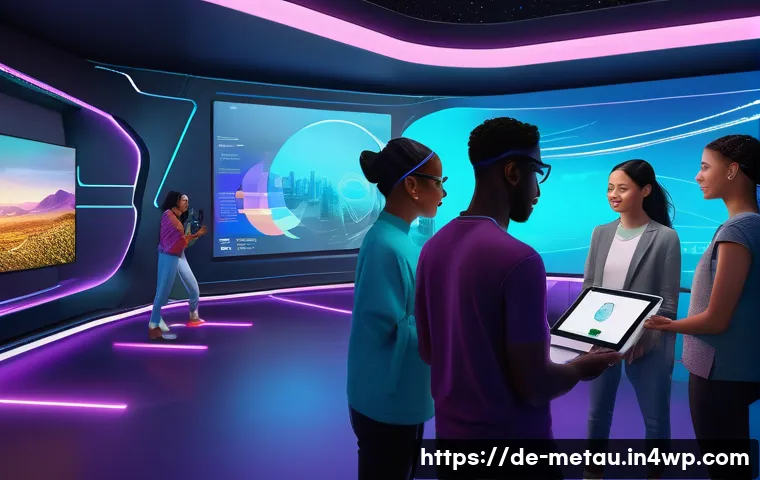 메타버스에서의 사용자 요구사항 분석 - A diverse group of people from various cultural backgrounds interacting in a futuristic metaverse so...