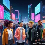 메타버스의 사용자 유지 전략 - A diverse group of young adults interacting in a vibrant virtual world, each with highly detailed pe...