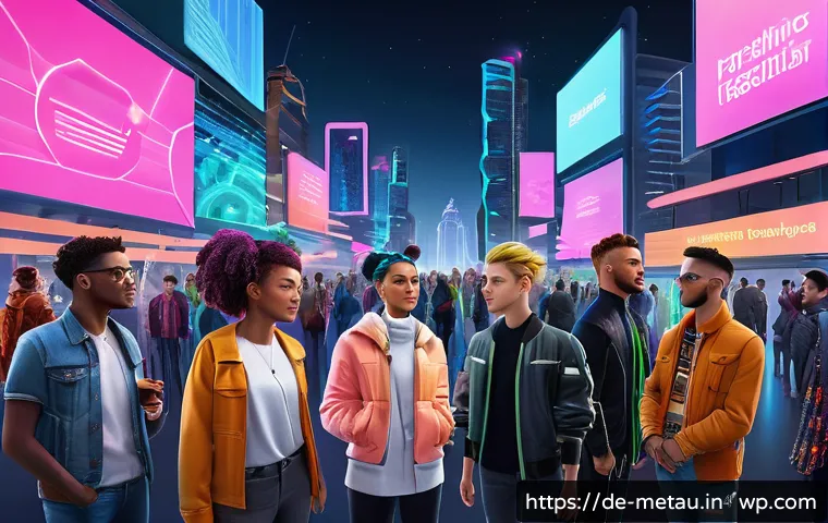 메타버스의 사용자 유지 전략 - A diverse group of young adults interacting in a vibrant virtual world, each with highly detailed pe...