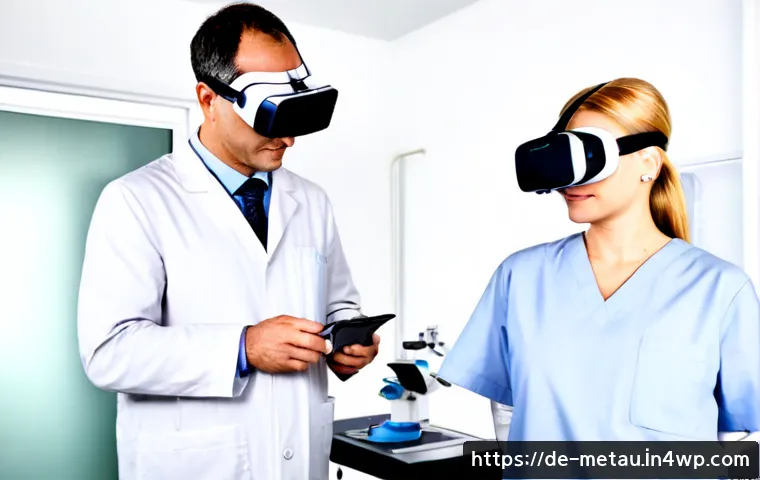 메타버스의 산업별 활용 사례 분석 - Photorealistic German hospital training room, a middle-aged surgeon wearing a clean virtual reality ...