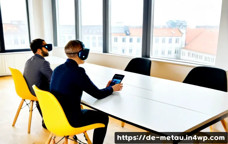 메타버스 내 협업 툴과 플랫폼 - Photorealistic modern Berlin coworking studio, diverse German business team wearing subtle mixed-rea...